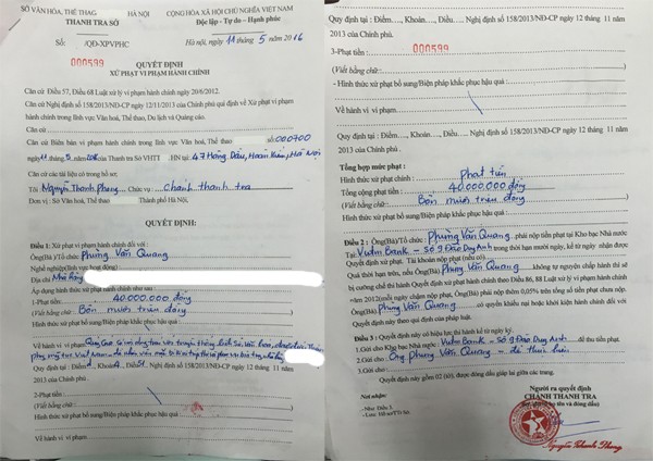 Quyết định xử phạt của Sở VH&TT Hà Nội đối với nhà hàng vi phạm ngày 11/5. 